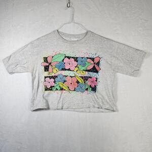 Vtg 80s TRENDS Neon Floral Cropped Tee OS Gray Heather Single Stitch Boxy Fit